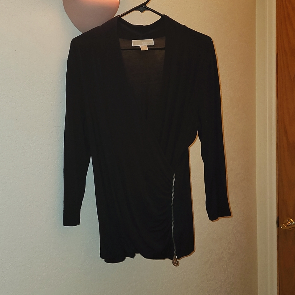 Micheal Kors Black Top, size L, 3/4 length sleeves & zipper accent on left side